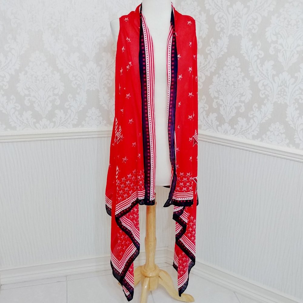 NWOT Red White Blue Stars Patriotic Sleeveless Asymmetrical Jacket July 4th USA